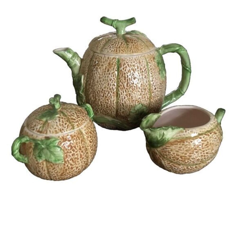 Vtg Majolica Hand Glazed Pottery Cantaloupe Teapot, Sugar‎ and Creamer Set